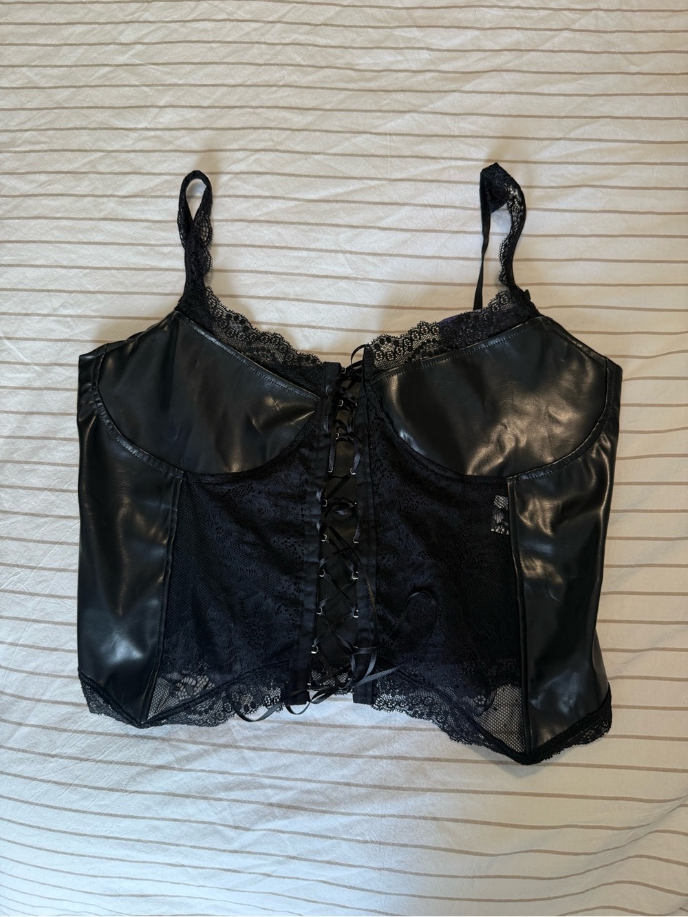 Black Lace and Faux Leather Corset Top